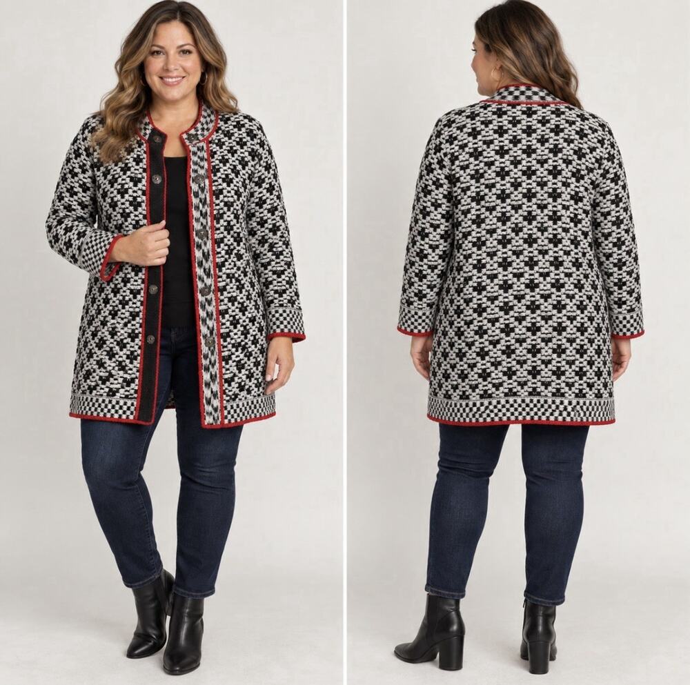 Chico’s Size 3 (16/18) Wool Blend Textured Coat Black White Red Trim Mock Neck